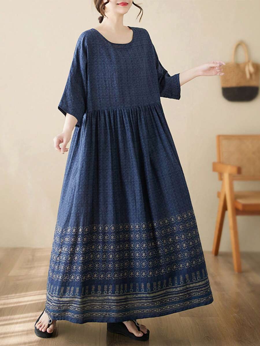 萬聖節優雅舞會女款大尺碼休閒度假波希米亞風 A 字版型寬鬆條紋短袖圓領口袋夏季媽媽度假洋裝,輕盈面料,優雅 - 藏蓝色 - 查看 1