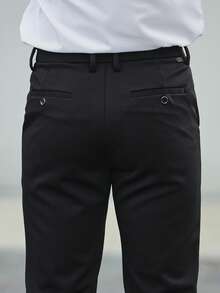 Simple Versatile Button & Zipper Business Casual Pants For Men, Solid Color Elastic Lightweight Trousers For Four Seasons - Black - View 11