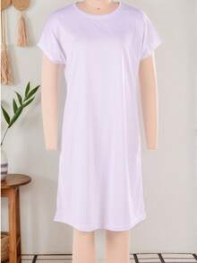 1pc Customized Ladies' Short Sleeve Nightgown With Allover Printing, Front & Back Same Design Casual Dress