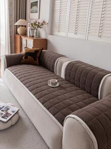 1pc Quilted Plush Sofa Cover, Solid Color Nordic Style Thickened 3D Design Couch Cover, Anti-Slip Anti-Scratch Sofa Protector For Living Room, Bedroom, Study Room, Fits 1, 2, 3, 4 Seater Sofa With Armrests And Backrest