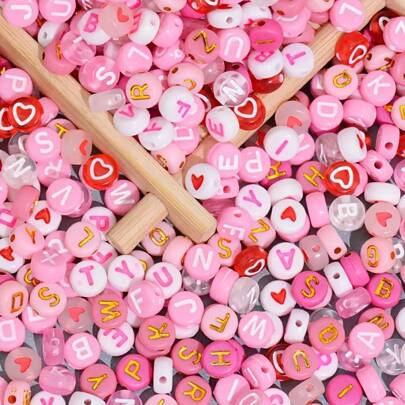 1 Bag 100pcs Acrylic Beads Set, 4*7mm Flat Round Pink And Red Heart-Shaped Letter Beads For DIY Valentine's Day Bracelets, Flat Round, Beads Combination