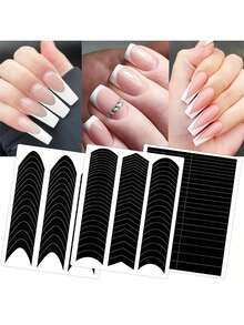 6 piezas Pegatinas de arte de uñas francesas, tiras de manicura francesa, guías de punta francesa, pegatinas de uñas autoadhesivas, herramientas de uñas en punta francesa, cintas de línea de ola, adecuadas para plantillas de armas de arte de uñas - Negro - Ver 5