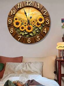 2D Flat Retro Sunflower Halloween Wooden Wall Clock - Silent Quartz Movement, Vibrant Floral Design,Wood Round Clock For Living Room, Kitchen, Dorm Decor (AA Battery Not Included), Living Room Decor | Retro Wall Clock | Quartz Movement Clock
