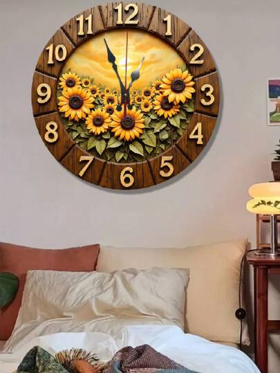 2D Flat Retro Sunflower Wooden Wand Klok Silent Quartz Movement, Vibrant Bloemen ,Wood Round Living Room, Kitchen, Dorm (AA Battery Not Included), Room Movement Home view 6