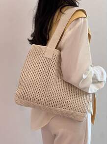 Summer Vacation Beach Bag, Large Capacity Shoulder Bag, Elegant Ladies' Fashion Shoulder Bag, Crochet Travel Bag, Travel Essential, Mother's Day Gift, Bridesmaid Gift Bag, College Student Lunch Bag, Business Women , Beach Bag - Beige - View 4