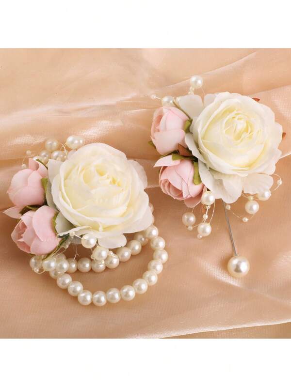 1pc Elegant Champagne Groom/Groomsman Lapel Flower, Fabric Faux Pearl Rose Bride Bracelet Corsage,Silk Rose Bridal Party Brooch Accessories, For Wedding, Valentine's Day, Gathering