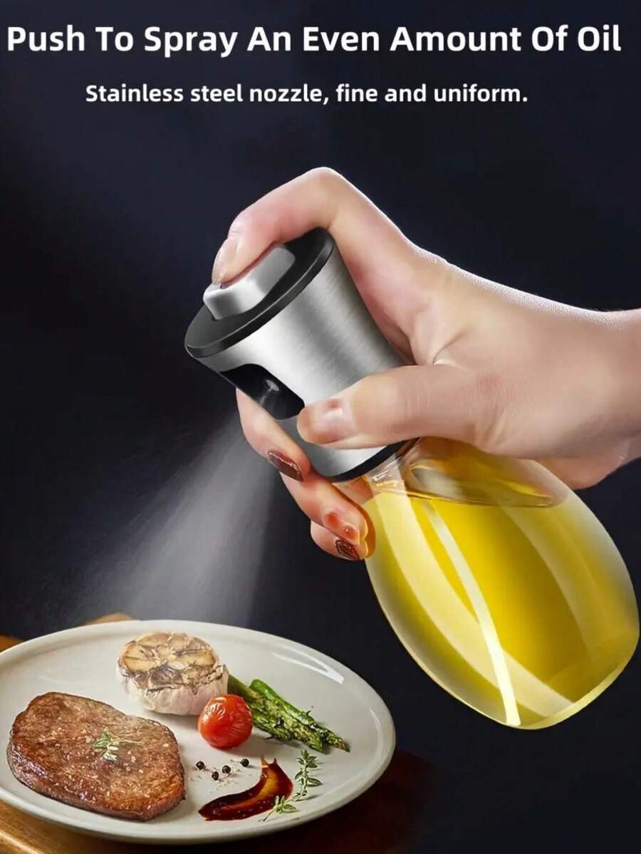 304 Stainless Steel Glass Oil Spray Bottle - Large Capacity Pressurized Sprayer, Suitable For Kitchen And BBQ, Oval Design, Perfect For Olive Oil And Cooking Oil - Ideal Eid Al-Fitr Gift, Kitchen Essential | Fashion Accessory | Material, Oil Spray Bottle - Silver - View 1