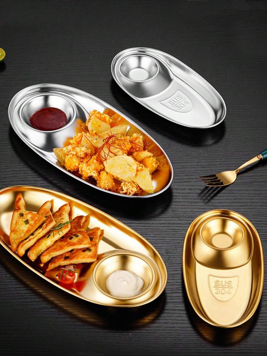 7.8/10.8 Inch (Approx. 20/27.5cm) Stainless Steel 304 Divided Snack Plate Set, Sushi Plate With Sauce Compartment, Suitable For Dipping Sauce, Dumplings, Appetizers, Tacos, Sushi, Fried Chicken
