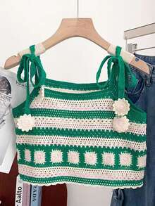 女士时尚雏菊刺绣镂空钩花细肩带上衣 - 墨綠色 - 查看 4