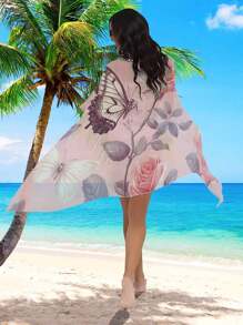 1pc Butterfly & Flower Print Beach Shawl, Decorative Beach Wrap, Swimsuit Cover Up, Semi-Transparent Elegant Multifunctional Beach Dress, Chiffon Material, For Beach Shirt