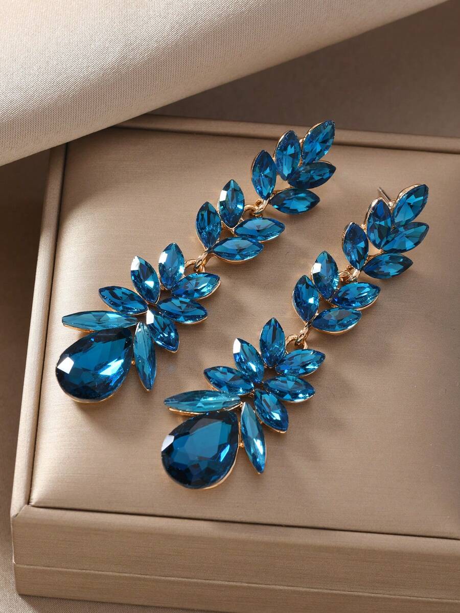 1 Pair Luxurious Rhinestone Zirconia Leaf & Teardrop Dangle Earrings, Suitable For Women Wearing To Party - Blue - View 1