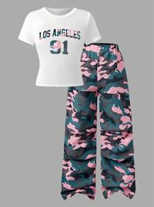 Set de 2 piezas de conjunto de verano para chicas adolescentes: Camiseta estampada con cuello redondo de Los Ángeles y pantalones rectos tipo camuflaje, conjunto de moda casual
