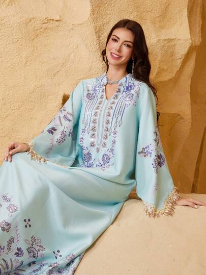 Eid Al-Adha Festival Loose V-Neck Dress, Ramadan Season Printed Flare Sleeve With Tassels, Rhinestone, Elegant Evening Gown Arabic Jalabiya