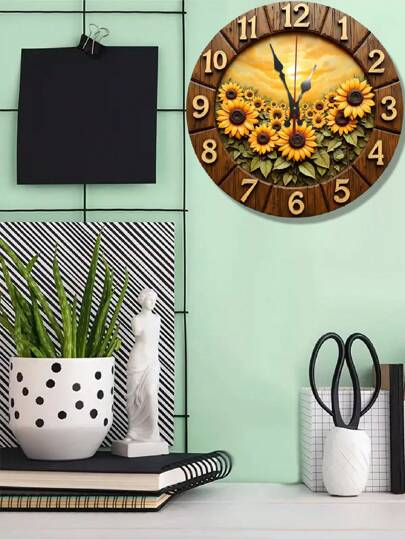 2D Flat Retro Sunflower Wooden Wand Klok Silent Quartz Movement, Vibrant Bloemen ,Wood Round Living Room, Kitchen, Dorm (AA Battery Not Included), Room Movement Home view 2