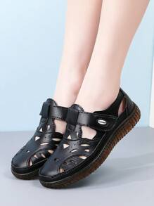 Damen Outdoor Lässig Sandalen aus PU-Leder, Einfarbig, Retro-Stil, sportlich, verstellbarer Klettverschluss, geeignet für Frühling & Sommer