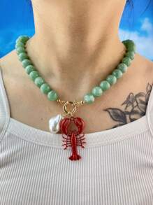 Retro Versatile Crustacean Beaded Handmade Necklace, Vintage Alloy Boho Seafood Jewelry, Fashion Unique Resort Style