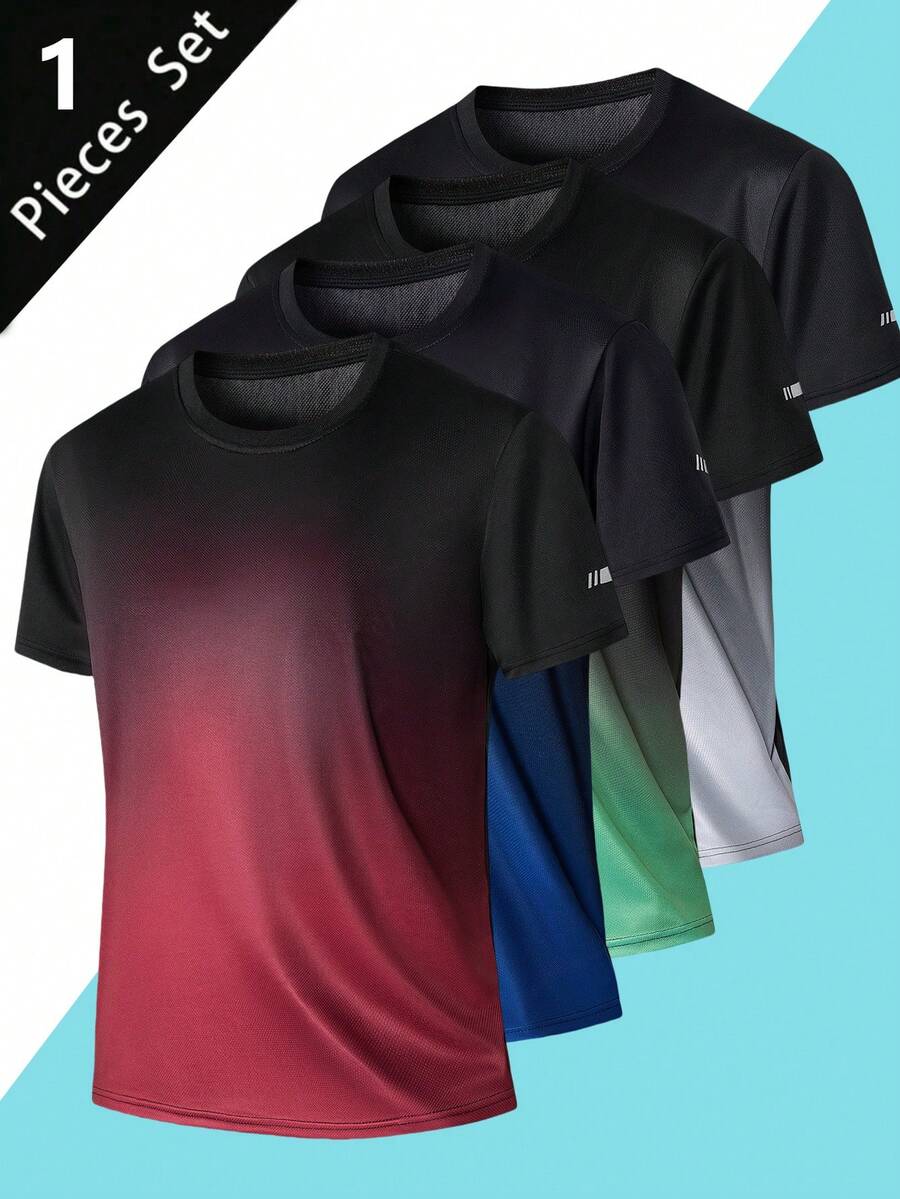 1pc Multi-Color Option, Men's Casual Outdoor Sports Running Breathable Quick-Dry Gradient T-Shirt, Summer - Red - View 1