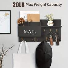 CIFEROWS 1 pièce Porte-clés et organiseur de courrier mural en bois noir rustique - Porte-clés de rangement multifonction avec 4 doubles crochets pour les clés, les sacs, etc. - Installation facile sans assemblage, parfait pour l'entrée, le couloir, la décoration du salon - Multicolore - Voir 5