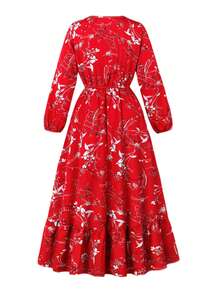 春秋花卉印花宽松腰圆领长袖长款休闲连衣裙 - 紅色 - 查看 2