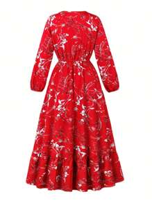 Vestido casual largo con cuello redondo y mangas largas, cintura relajada con estampado floral para primavera/otoño