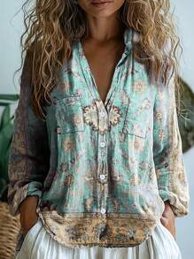 Women's Casual Western Floral Print Long Sleeve Blouse, Commuter-Friendly