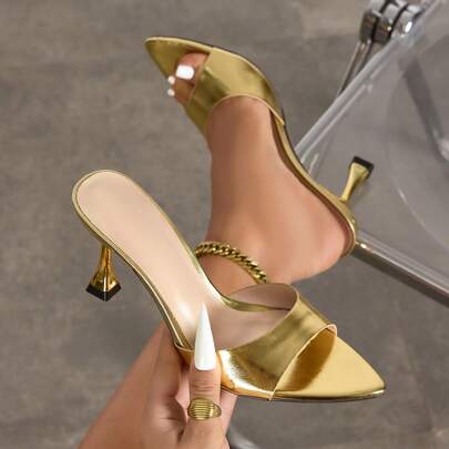 Jin Bei Qi 女士尖头高跟穆勒鞋，闪亮镜面，彩色面料，时尚女主人正式鞋，适合派对、户外、婚礼、春夏季