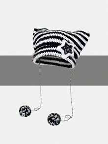 1 件女式 Y2K 星条纹 KPOP 风格可爱猫耳针织帽，保暖防风流苏绒球帽，适合秋冬 - 彩色 - 查看 1