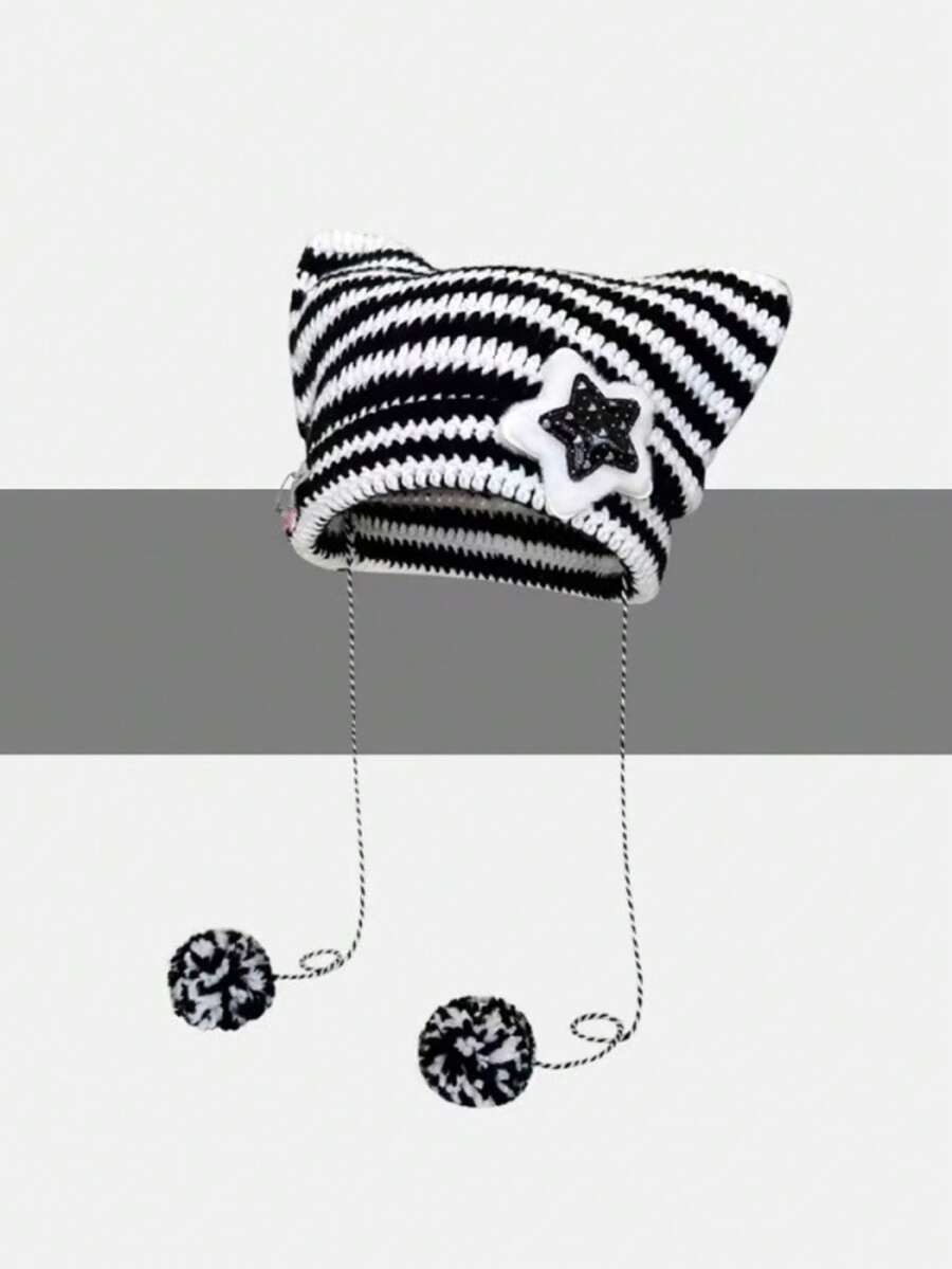 1 件女式 Y2K 星条纹 KPOP 风格可爱猫耳针织帽，保暖防风流苏绒球帽，适合秋冬 - 彩色 - 查看 1