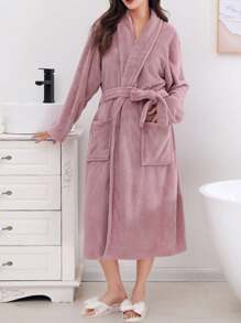 1pc Coral Fleece Ladies Bathrobe, Bean Paste Color, Soft & Absorbent, Suitable For Wedding, Christmas Decorations, Valentine's Day & Christmas Gifts, Sauna And Autumn/Winter Loungewear, Ideal For Birthday, Anniversary, Autumn Wedding, Bridal Shower, Bachelorette Party, Home, Bathroom, Hotel, Swimming Pool, Sauna, Gift, Halloween - Multicolor - View 2