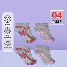 Kit 04 Pairs Women's Short Tube Socks 35 To 37 Cotton Polyester Breathable Fabric - 灰色 - 查看 3