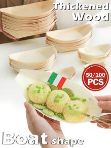 50/100 piezas de bandejas de barco de madera desechables, mini barcos de comida, bandejas de hoja de plato frío para sushi, bolas de tentáculo japonés, alas de pollo frito, tazones de madera para donas, cajas para llevar sashimi, platos para tartas de cumpleaños, adecuado para catering/uso familiar/camping/fiestas