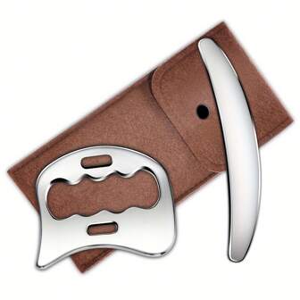 二合一不锈钢刮痧按摩工具，配符合人体工学的棕色仿皮手柄 - 适用于身体、腿部、腰部、背部和手部的筋膜刮痧板 - 放松软组织和肌肉，理疗按摩 | 符合人体工学设计 | 身体按摩器