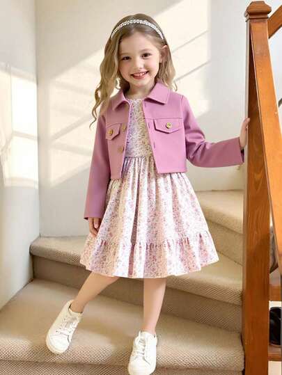 Set de 2 piezas con chaqueta de camisa de botones de manga larga y vestido floral diminuto de color liso para niña, adecuado para primavera y verano, para uso diario, casual, vacaciones y fiestas