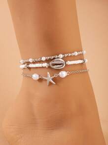 Set da 3 cavigliere estive alla moda con perline a forma di stella marina e conchiglia, versatili per uso quotidiano, spiaggia, feste, regalo