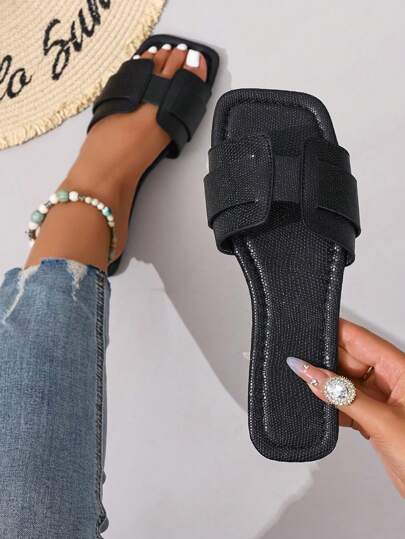 New Spring/Summer Fashionable H-Shape Sandals, Women Casual Strap Roman Style Slip-On Slippers, Black/Beige/Brown Flat Comfort Sandals, Embossed Desert Key Design, Rhinestone Thick Bottom Wedge Sandals, Minimalist Indoor/Outdoor Slippers, Crocodile Pattern Flat Strap Metal Decor Sandals For Summer