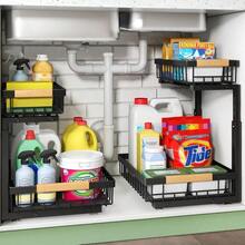 Two-Piece Under-Counter Storage Rack, Two-Layer Metal Pull-Out Kitchen Under-Counter Storage Boxes, For Organizing And Storing Items Under Kitchen Cabinets, Suitable For Use In Kitchens, Bathrooms, Food Storage Rooms, And Cabinets. - Black(2pcs) - View 2