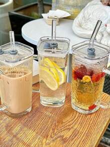 1pc Transparent Glass Water Cup, Highly Attractive Summer Juice Cup, Cup With Straw Lid Three Pieces Set
