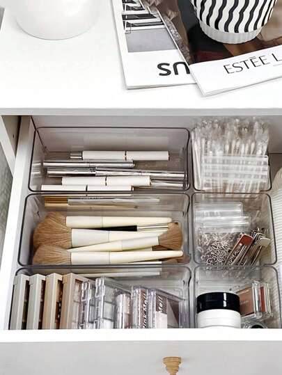 Juego de 13 piezas/11 piezas/8 piezas/6 piezas/2 piezas/1 pieza de cajas de almacenamiento de plástico transparente para una organización elegante, versátiles cajas de almacenamiento de cosméticos para el escritorio, cajas organizadoras de tocador con estilo, ideales para divisores de cajones de escritorio de oficina, perfectas para cosméticos, joyas, artículos de cocina esenciales, accesorios de dormitorio, suministros de baño y organización de oficina, mejora tu espacio esta temporada navideña con soluciones de almacenamiento funcionales y elegantes para las celebraciones de Navidad, Acción de Gracias, Año Nuevo y San Valentín.