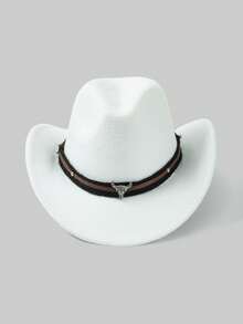 1 Pc Unisex Solid Cowboy Hat With Bull Head Emblem, Suitable For Everyday Use - White - View 12