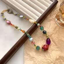 1 pieza Collar con cuentas de vidrio de arroz, estrella de cerámica y acrílico de diseño encantador y colorido - Collar gargantilla elegante para mujer, adecuado para viajes, uso diario y regalo de cumpleaños