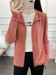 Summer Workout 1pc Women's Ultra-Thin Sun Protection Clothing, Long Sleeve UV Protection Skin Coat, Breathable New Outdoor Sports Jacket Spring - Coral Pink - View 5