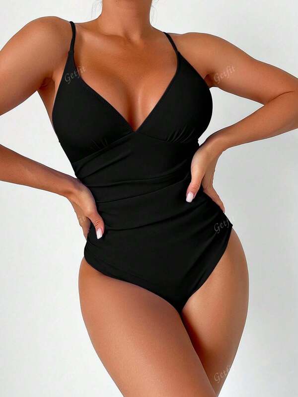 New Summer Women Sexy V-Neck High Waisted Bathing Suit One-Piece Swimsuit With Spaghetti Strap, Slimming Tummy Control Bikini For Beach Vacation, Boho, Hippie, Bohemian Style