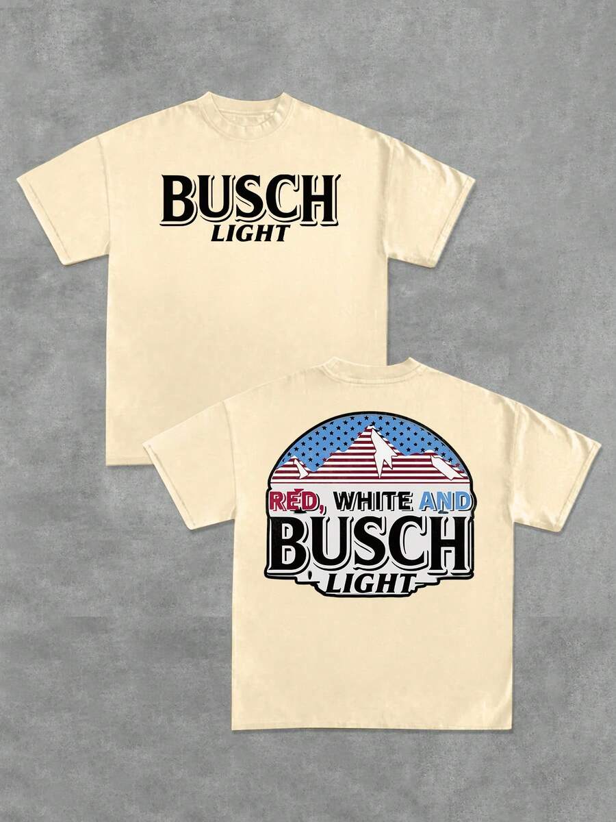 Beer - Brand - Inspired Black T - Shirt - Front "BUSCH LIGHT" Typography, Back With Patriotic "RED, WHITE AND BUSCH LIGHT" Graphic! 100% Cotton 220g Double - Sided Printed T - Shirt - Apricot - View 1