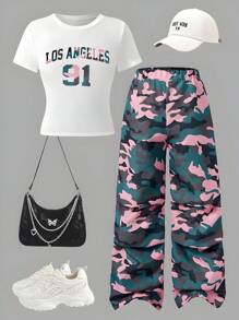 Set de 2 piezas de conjunto de verano para chicas adolescentes: Camiseta estampada con cuello redondo de Los Ángeles y pantalones rectos tipo camuflaje, conjunto de moda casual