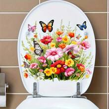 1pc Flowers And Butterflies Toilet Seat Sticker - Removable And Reusable PVC Sticker For Bathroom, Bathtub, Toilet, Multi-Purpose Wall Art Home Decoration Sticker