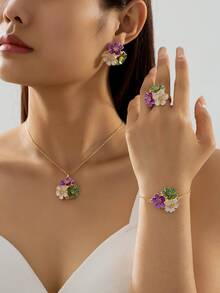 1 套女士珠宝 - 1 件彩色滴油花吊坠项链、1 对耳环、1 枚戒指、1 条手链 - 彩色的 - 查看 4