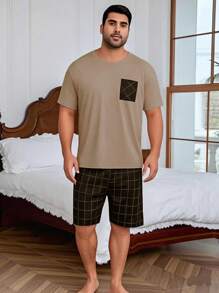 2pcs/Set Plus Size Men's Casual Loose Simple Pocket Round Neck Short Sleeve Plaid Shorts Pajama Set, Suitable For Spring & Summer