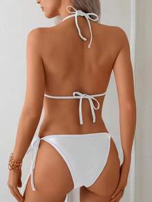 New Solid Color Chain Decor Sexy High Elasticity Shiny Fabric Halter String Women Swimsuit Set
