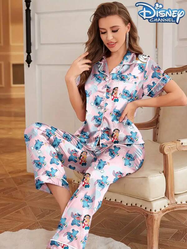 Disney Disney Stitch Cartoon Print Silk Short Sleeve Shorts Pajama Set