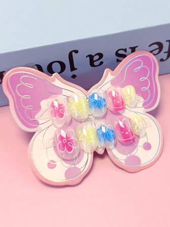 Y2K 更新您的外观 10 件夏季指甲中号棺材指甲超光泽按压亚克力儿童假指甲粉色时尚渐变几何条纹花朵蝴蝶结卡通可爱图案美丽简约风格假指甲人造手指美甲假指甲女士甜美、可爱、简约、优雅风格美甲套装带可拆卸假指甲贴片适合节日穿着、派对、朋友、约会、日常穿着